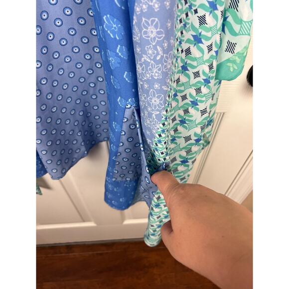 Susan Graver Patchwork Kimono Topper Blouse Large Blue Green Pockets - Picture 5 of 7